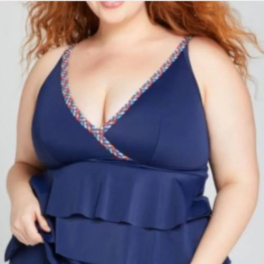 🎊HP🎊 SWIM BY CACIQUE NAVY BRAID RELAXED FLOUNCE NO-WIRE TANKINI SWIM TOP
